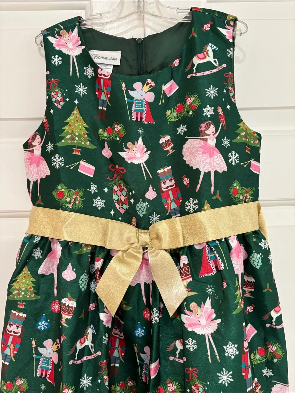 Bonnie Jean Green Nutcracker & Ballerina Holiday Dress w/ Gold Bow Girls 12 EUC